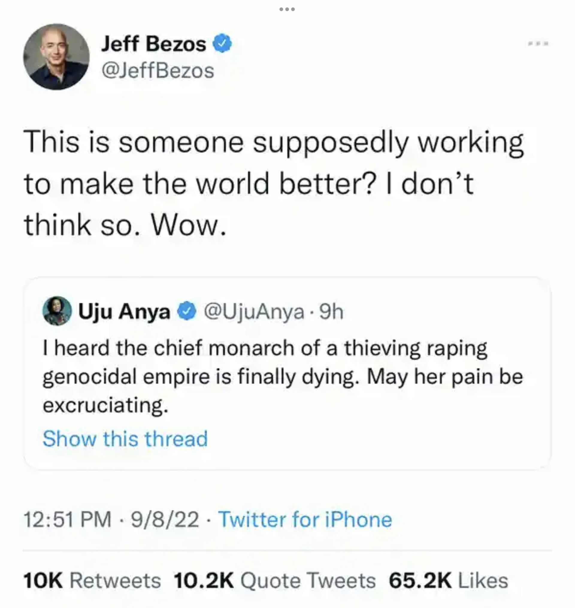 A screenshot of Jeff Bezos' retweet of Uju Anya's tweet.