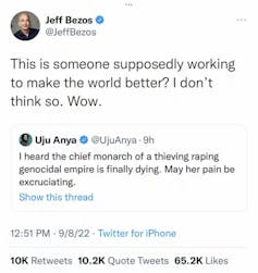 A screenshot of Jeff Bezos’ retweet of Uju Anya’s tweet.