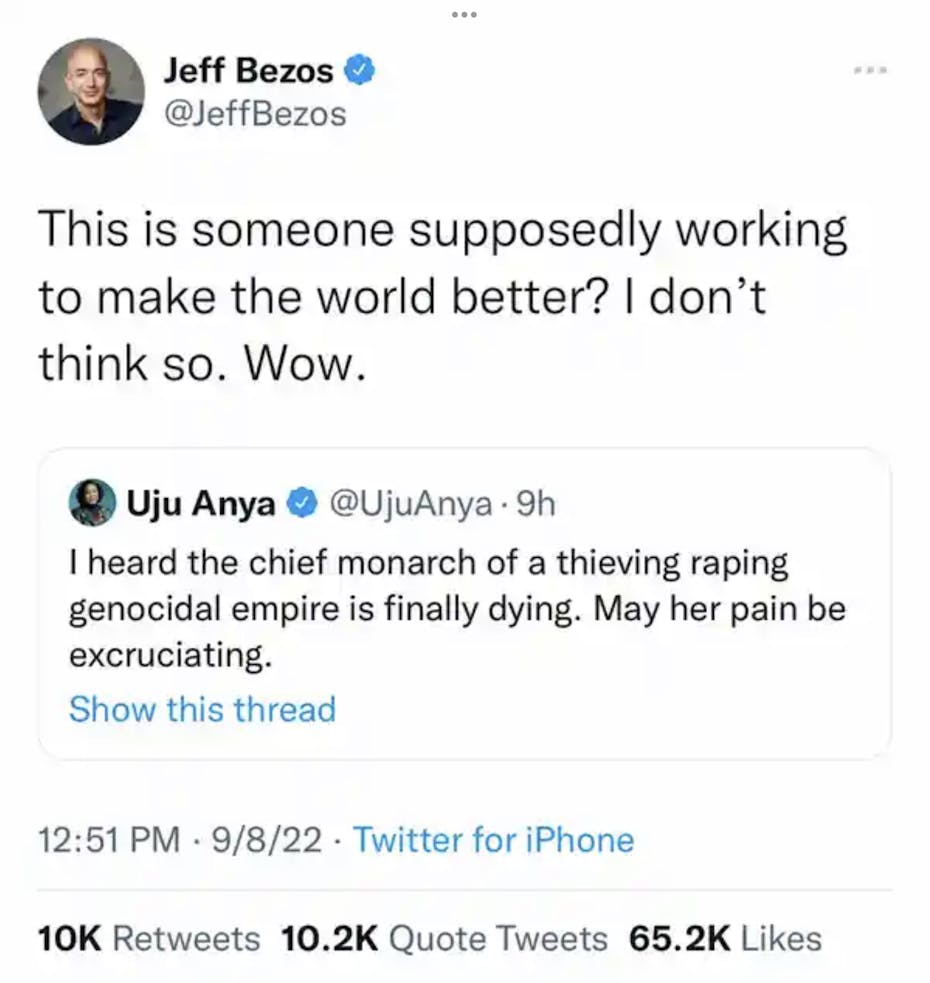 A screenshot of Jeff Bezos’ retweet of Uju Anya’s tweet.