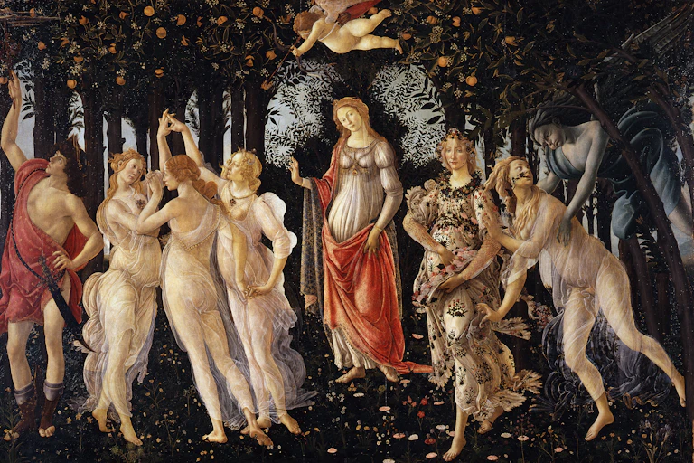 The Primavera by Boticelli shows an etherial figure flying above a pregnant woman