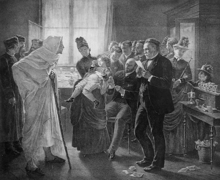 Illustration en noir et blanc de Pasteur au milieu de patients