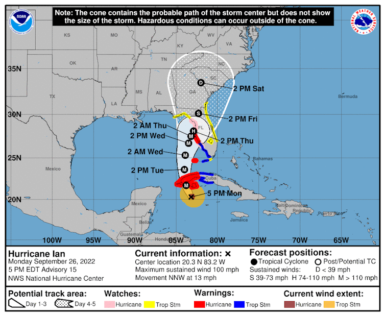 A forecast show's Hurricane Ian's expected trajectory just off Florida's Gulf Coast to make landfall in the northwest part of the peninsula.