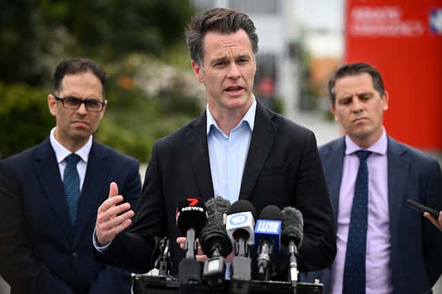 NSW Labor leader Chris Minns along with NSW Shadow Treasurer Daniel Mookhey (left) and Shadow Health Minister Ryan Park