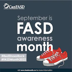 Graphic reading 'September is FASD awareness month' with an illustration of red sneakers