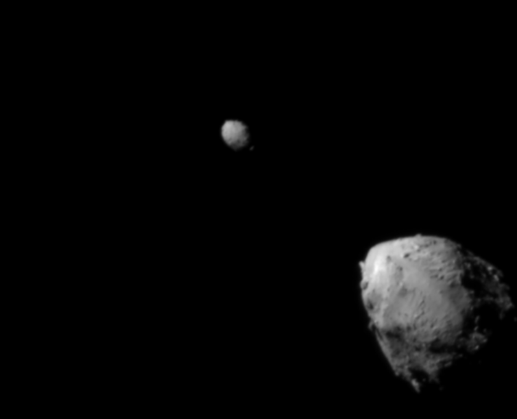 Didymos (bottom right) and its smaller moonlet Dimorphos (center) were the targets of the Double Asteroid Redirection Test. NASA/Johns Hopkins APL