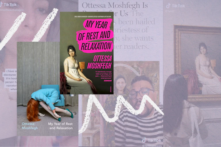 A series of images of My Year of Rest and Relaxation, from TikTok and book covers