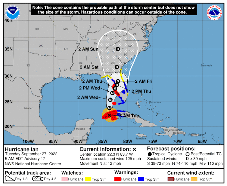 A forecast show's Hurricane Ian's expected trajectory just off Florida's Gulf Coast to make landfall in the northwest part of the peninsula.