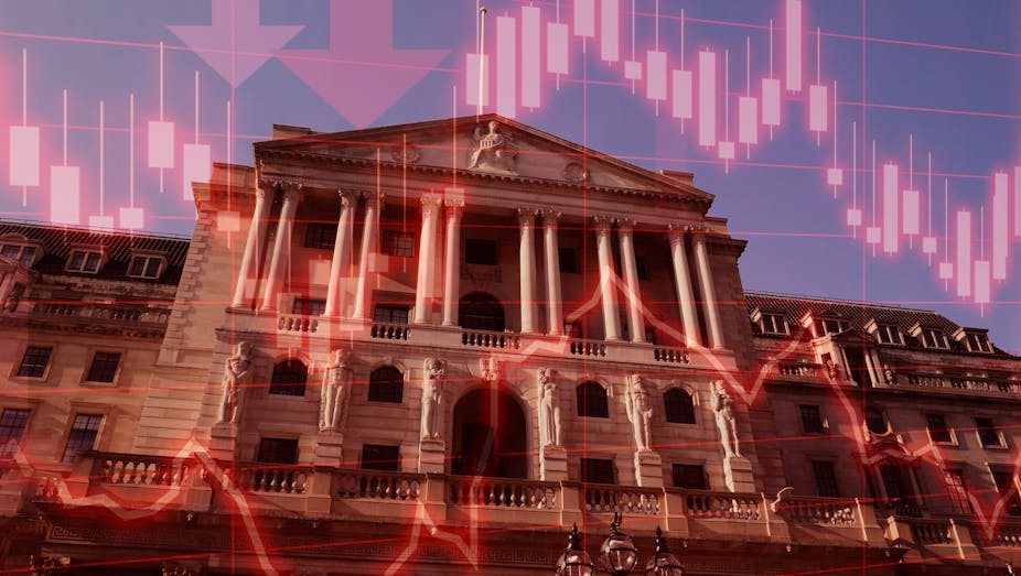 Bank of England, London overlaid with red arrows and trading charts.