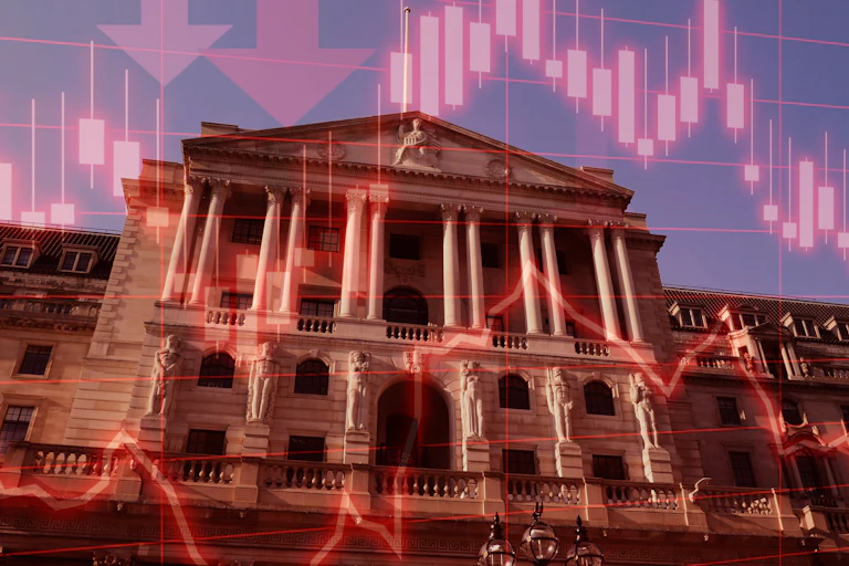 Bank of England, London overlaid with red arrows and trading charts.
