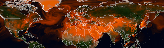 carte d'ozone avec un panache soufflé par le vent depuis les Etats-Unis vers l'Europe