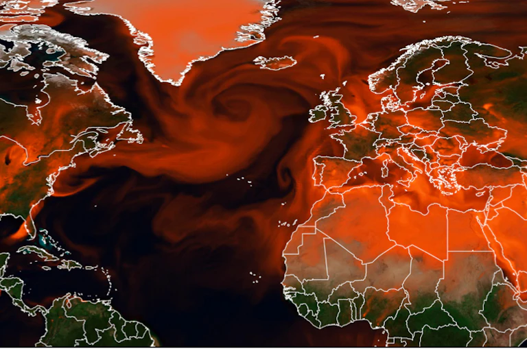 carte d'ozone avec un panache soufflé par le vent depuis les Etats-Unis vers l'Europe