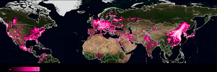 Carte mondiale de la pollution à l’oxyde d’azote, zone les plus polluées au-dessus des zones densément peuplées en Asie, Europe et Amérique du Nord