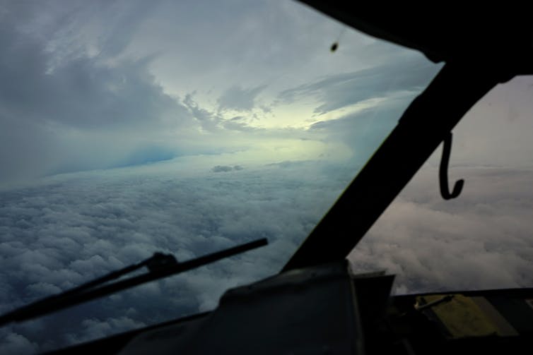 View out the aircraft window of the eyewall.