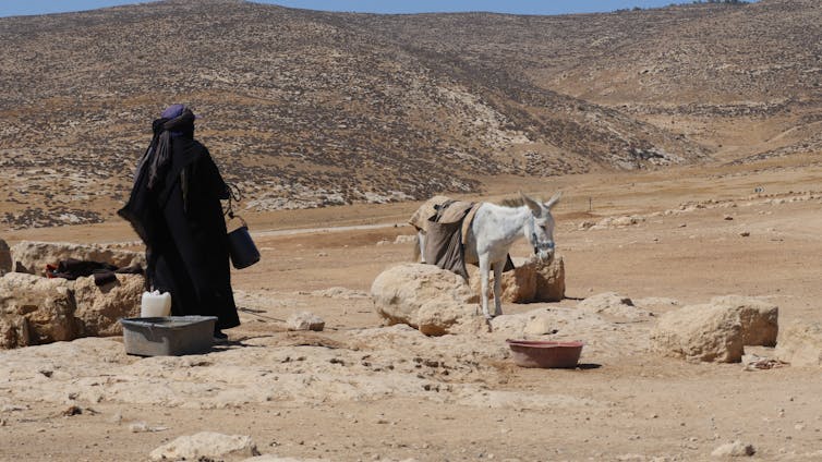 A woman and donkey in the parched landscape
