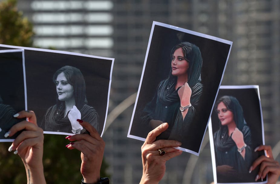 Three photographs of Mahsa Amini, who died in custody recently in Iran.