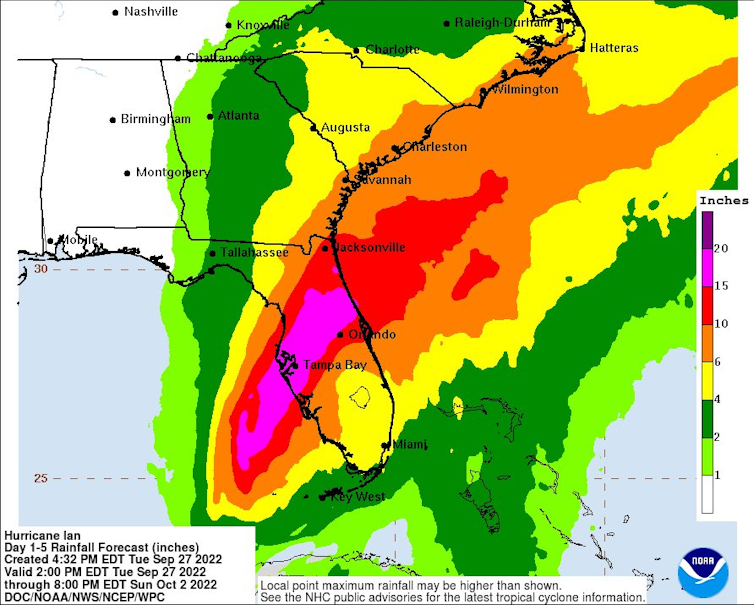 A rainfall map for the next five days shows a wide band of heavy rain across the middle of the state.