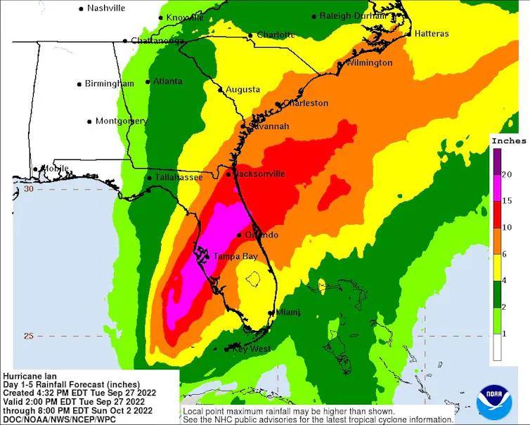 A rainfall map for the next five days shows a wide band of heavy rain across the middle of the state.