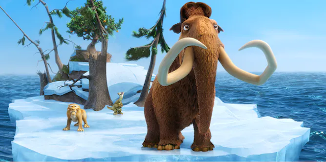 Gambar dari film animasi Ice Age menunjukkan seekor mamut, harimau bertaring tajam, dan sloth yang terdampar di sebuah pulau es kecil.