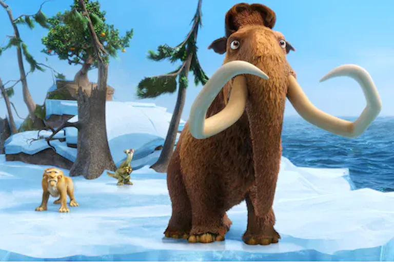 Gambar dari film animasi Ice Age menunjukkan seekor mamut, harimau bertaring tajam, dan sloth yang terdampar di sebuah pulau es kecil.