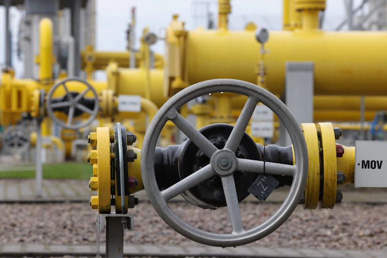 Yellow pipes with dark control wheels