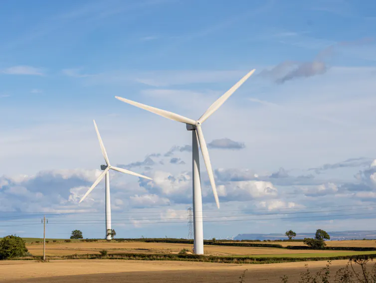 Wind turbines in field