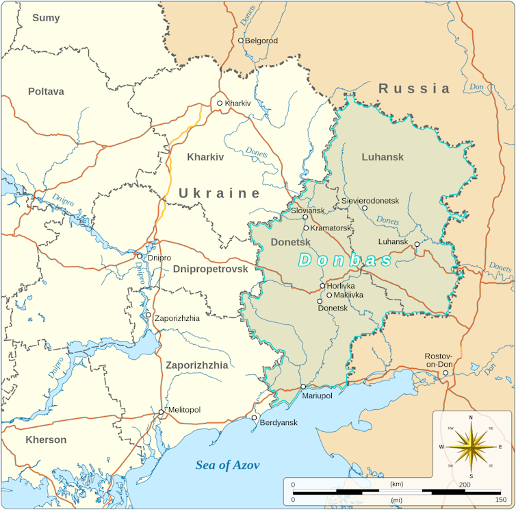 A map shows the region of Donbas in Ukraine.
