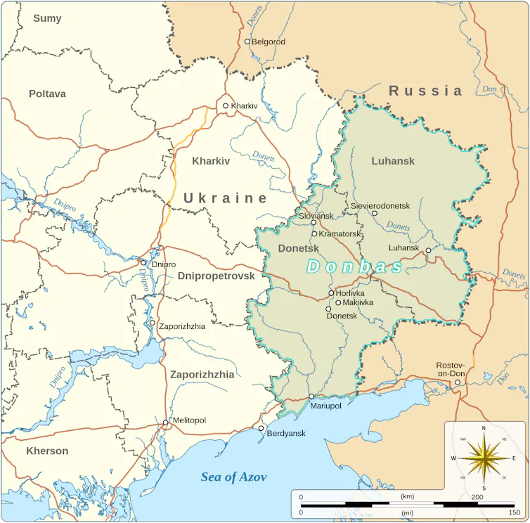 A map shows the region of Donbas in Ukraine.