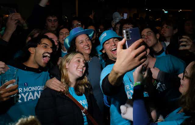 Teal independent Monique Ryan with her supporters on election night, May 21 2022