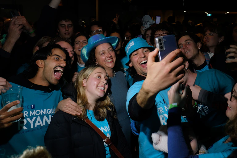 Teal independent Monique Ryan with her supporters on election night, May 21 2022