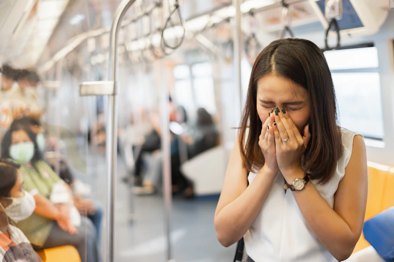 Woman on a train sneezes into her hand