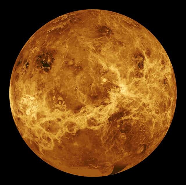 Image of Venus created by mosaic of images from the Magellan spacecraft.