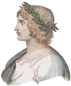 colorized etching of a man wearing ancient garb and a laurel crown