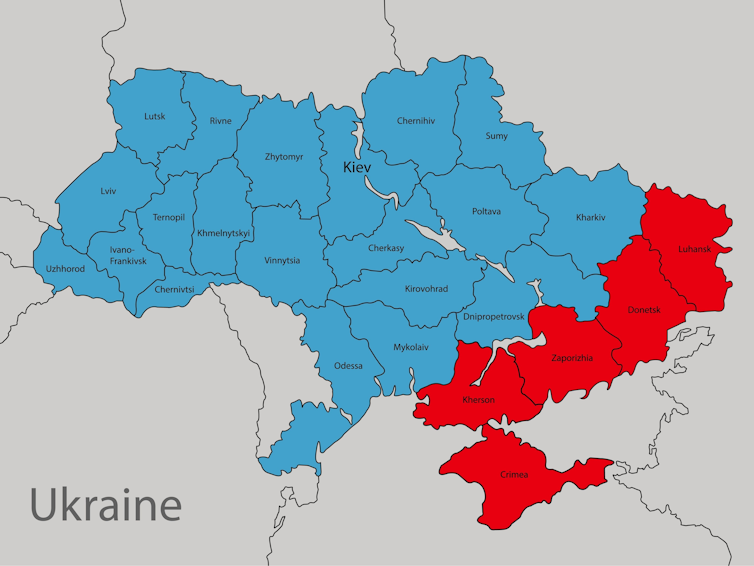 A map of Ukraine showing areas coloured red that have been annexed by Russia.