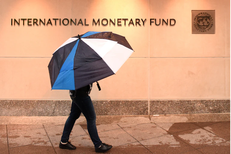 Person with umbrella walking past sign for International Monetary Fund