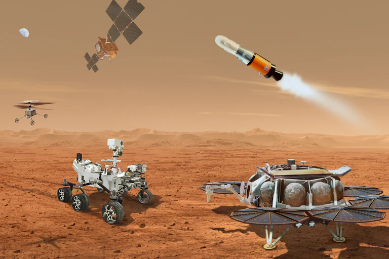 a red desert landscape with five different shaped robots and a moon in the background