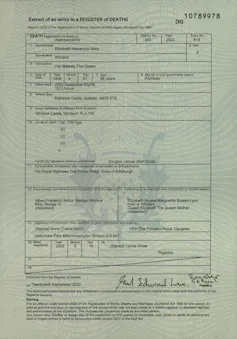 Death certificate of Queen Elizabeth