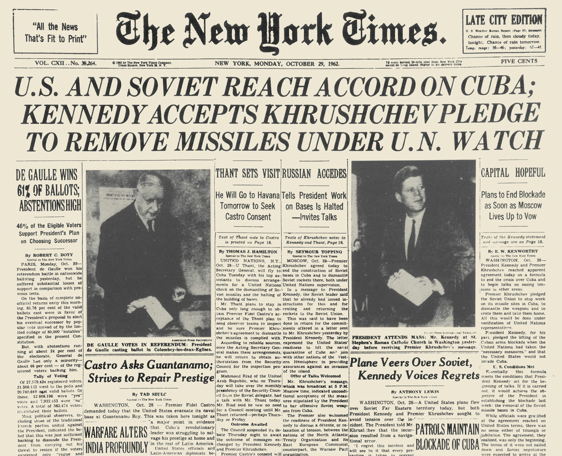 Newspaper headline covering Cuban missile crisis