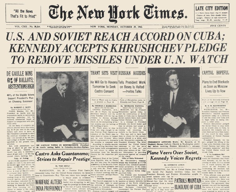 Newspaper headline covering Cuban missile crisis