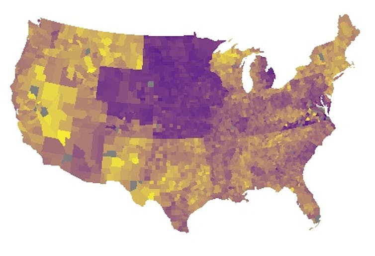 A map showing in purple and yellow enlistments in US army.