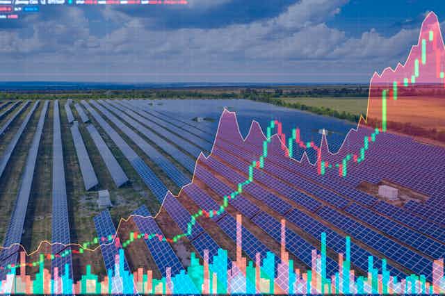 Graph superimposed over picture of solar farm