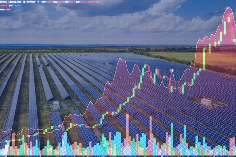 Graph superimposed over picture of solar farm