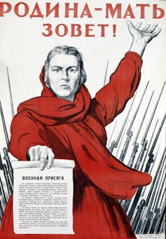 A poster shows a woman in a red dress gesticulating in front of pointed bayonets.