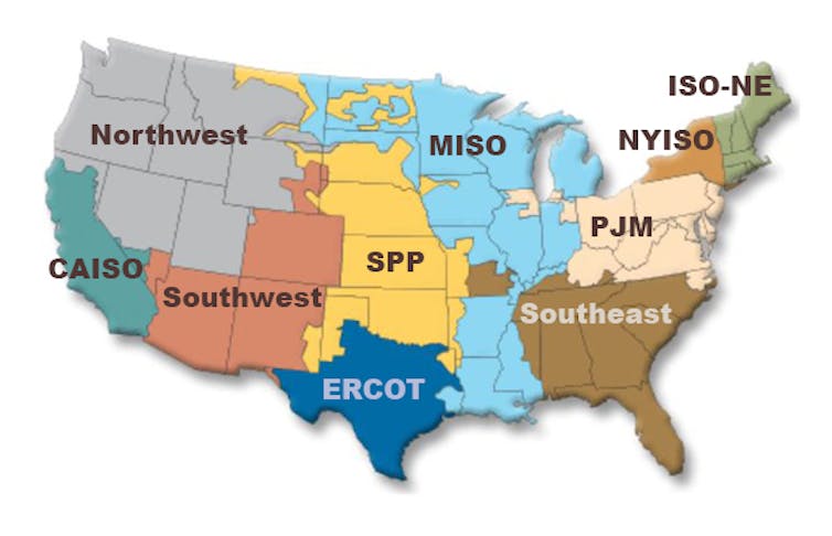 U.S. map showing MISO and other power grid operators.
