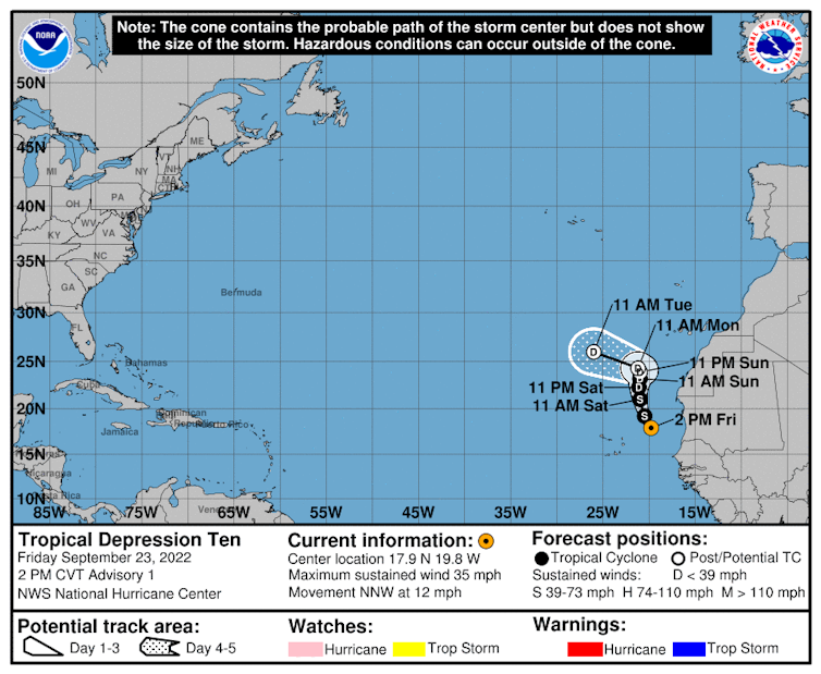 Mapa del océano Atlántico que indica la presencia de Tent cerca de la costa de África.