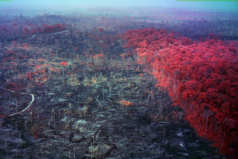 The Amazon: trees are in red near a dying landscape