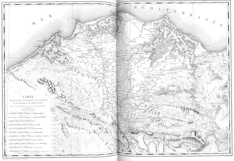 Carte de la Basse-Égypte pendant la campagne française de Napoléon en Égypte et en Syrie, pour être utilisée dans le rapport sur le canal de Suez entre les deux mers. La carte est incluse dans Description de l’Égypte. Wikimedia