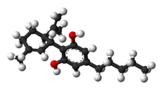 Modèle de la molécule de cannabidiol, d’après P. G. Jones, L. Falvello, O. Kennard, G. M. Sheldrick and R. Mechoulam (1977). 