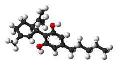 Modèle de la molécule de cannabidiol, d’après P. G. Jones, L. Falvello, O. Kennard, G. M. Sheldrick and R. Mechoulam (1977).