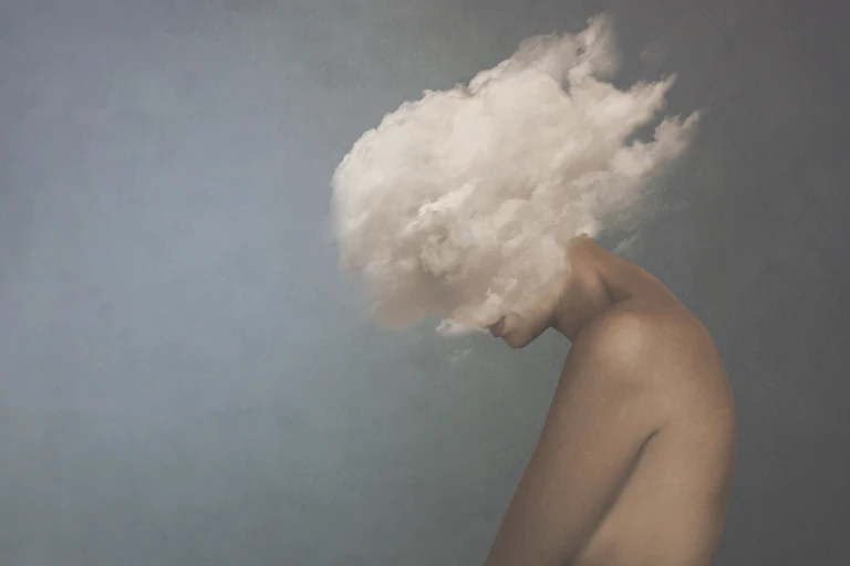 Painting of woman hanging her head, which is covered by clouds.