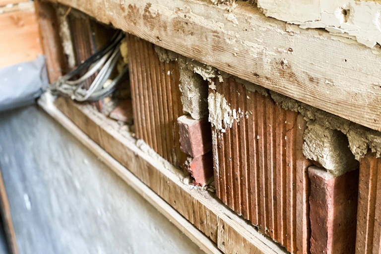 The exposed brick and wood is seen after a flood and the drywall removed during mold remediation.